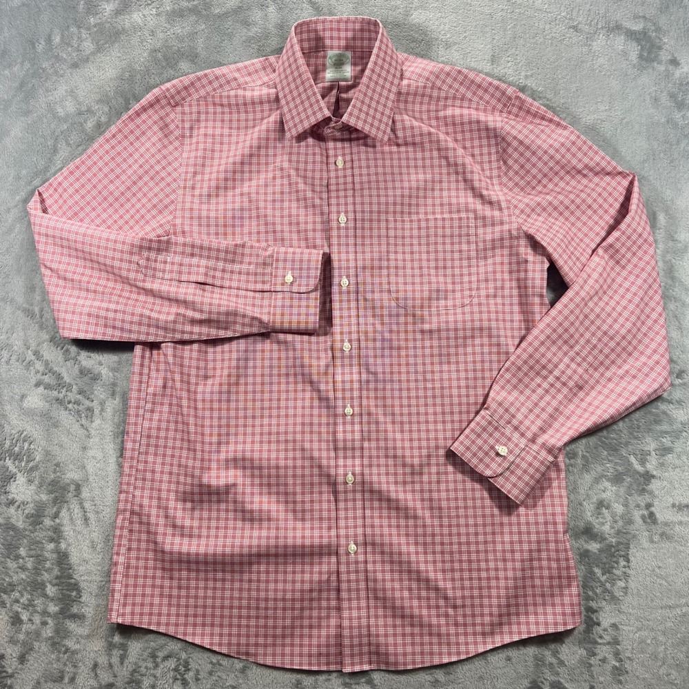 BROOKS BROTHERS Button Down Shirt Mens 16-34 Red Slim Non-Iron Stretch Classic